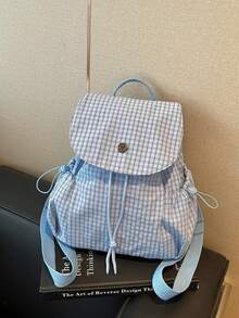 Japanese Style Fine Plaid Drawstring Buckle Backpack, Fresh Literary Small Bag, Daily Commute School Casual Backpack - Multicolor - View 3