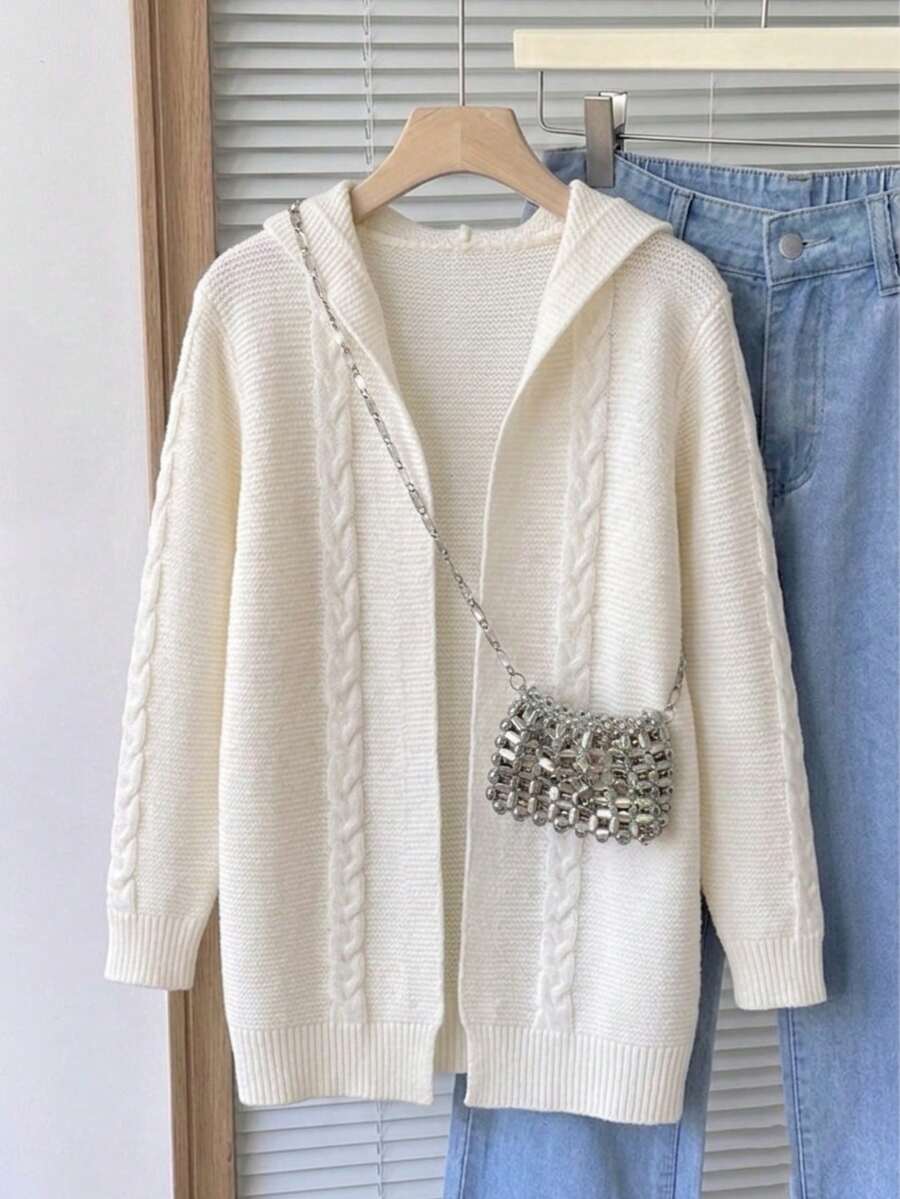 Girls Cute Solid Color Cable Knit Hooded Mid-Length Buttonless Cardigan Sweater Jacket, Suitable For Vacation And Casual Wear, Spring, Autumn, Winter - Apricot - View 1