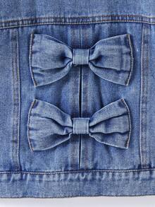 Girls' Short Denim Jacket With Double 3D Bow Back Decor, Turn-Down Collar And Single-Breasted Buttons - Medium Wash - View 3