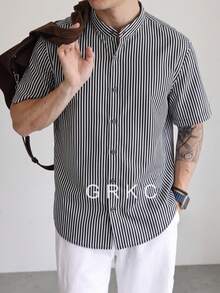 GRKC Men's Stand Collar Short Sleeve Woven Loose Fit Business Casual Button-Up Shirt, Spring/Summer - Light Grey - View 1