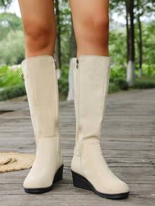 1 Pair Women's Beige Knee-High Boots, Round Toe Buckle Decor Fashion Design Wedge Heel Long Boots - Beige - View 6