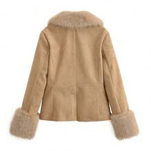 ZAHM Faux Suede Winter Coat For Women, Faux Fur Collar Cuffs Lapel Short Warm Jacket With Pockets - Camel - View 9