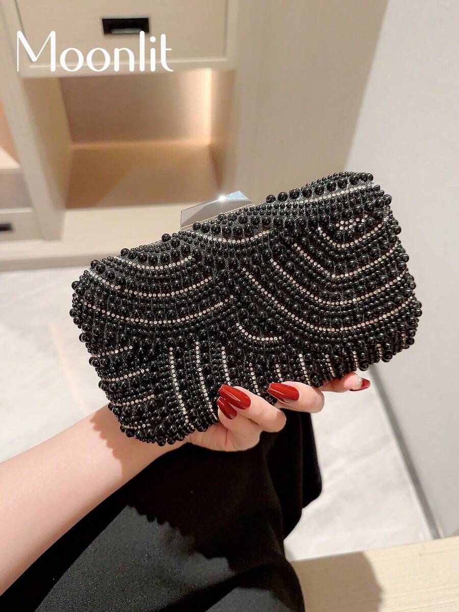 Moonlit EveBag Faux Pearl Detail Box-Shape Chain Bag - Black - View 1