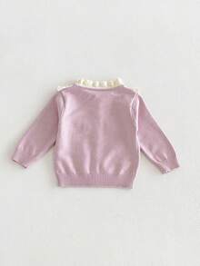 Korean Style Gentle Baby Girl's Knitted Lace Patchwork Colorblock Bow Decor Pale Purple Single-Breasted Cardigan - Lilac Purple - View 3