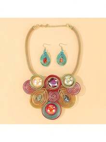 Contrast Color Wrapped Wire Colorful Stone Necklace & Earrings Set, Exaggerated Banquet Accessories - Colorful - View 3