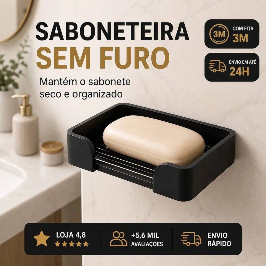 Saboneteira Parede Com Dreno Fita 3M Sem Furar Banheiro Cozinha Lavanderia - preto - Visão 1