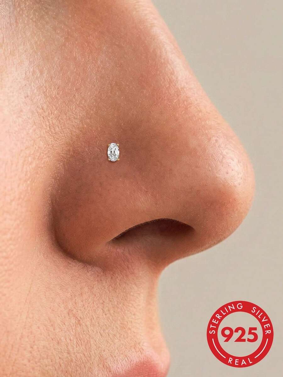1Pc 925 Sterling Silver Classic Egg-Shaped CZ Nose Stud Hypoallergenic Nostril Body Piercing Jewelry Nose Rings For Women Men Daily Wear & Gifts - Gold - View 1