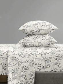 4-Piece Plant Floral Leaf Pattern Bedding Set, Easy Care Soft Bedding Set (1 Flat Sheet + 1 Fitted Sheet + 2 Pillowcases), Knitted Bedding Set Suitable For King/Queen/Full/Twin Sizes, Fits 11.8 Inch Deep Mattress, Soft Breathable Wrinkle-Resistant - Multicolor - View 1