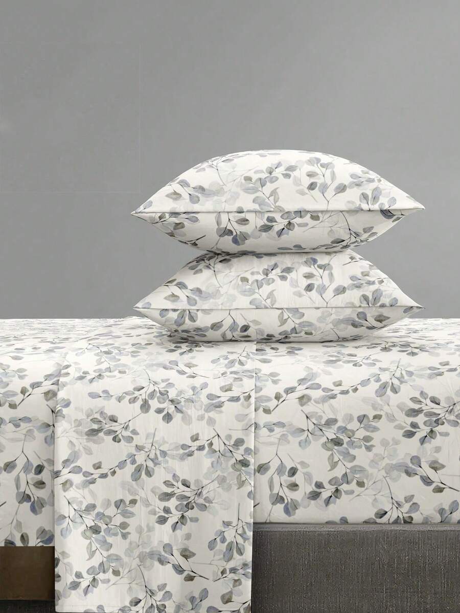 4-Piece Plant Floral Leaf Pattern Bedding Set, Easy Care Soft Bedding Set (1 Flat Sheet + 1 Fitted Sheet + 2 Pillowcases), Knitted Bedding Set Suitable For King/Queen/Full/Twin Sizes, Fits 11.8 Inch Deep Mattress, Soft Breathable Wrinkle-Resistant - Multicolor - View 1