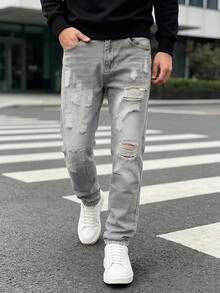 男士秋冬戶外休閒直筒破洞灰色牛仔褲 - 灰色 - 查看 5