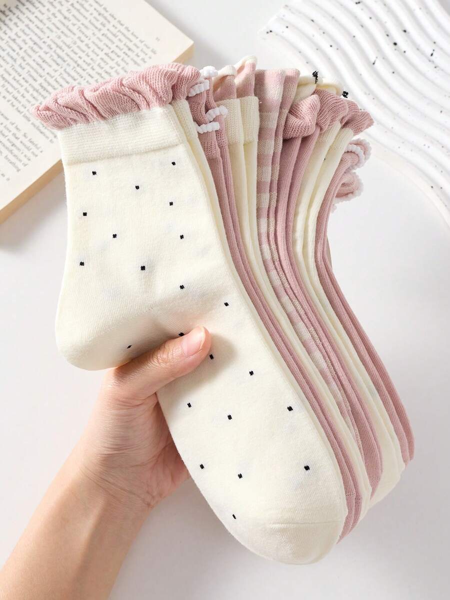 5 Pairs Sweet Pink Polka Dot And Lace Design Women's Mid-Calf Socks, Soft And Comfortable - Pink - View 1