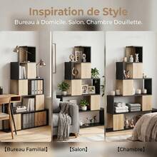 Geometrische boekenplank met 5 planken voor kantoor, woonkamer en slaapkamer, zwart en naturel hout - A - Bekijken 9