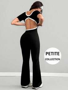 VENORA PETITE Women's Colorblock Trim Square Neck Short Sleeve Jumpsuit, Hollow Out Open Back Slim Fit Flared Long Pants, Y2K Hot Girl Style - Black - View 3