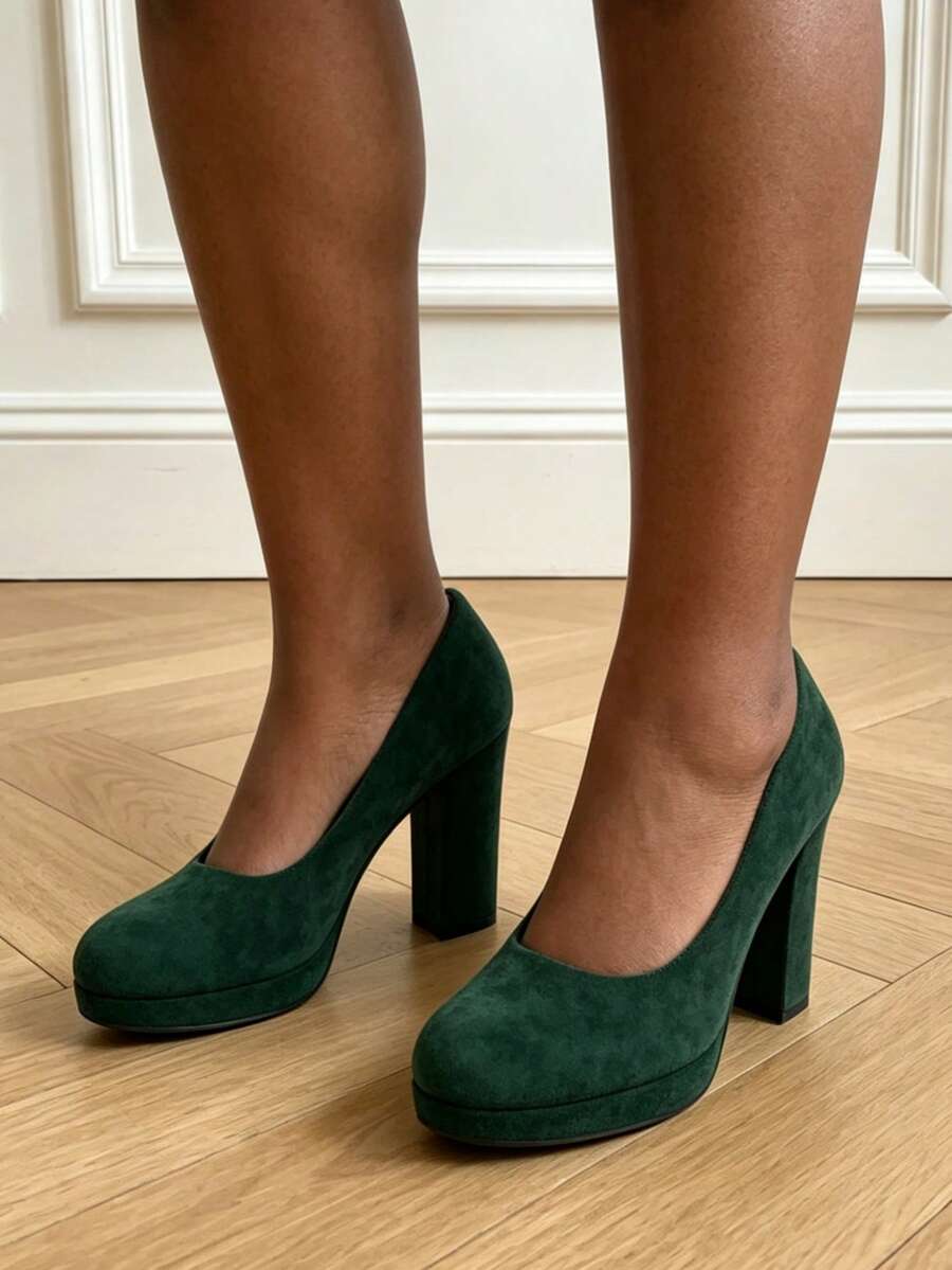Women's Thick Sole Pointed Toe Solid Color Commute Party Fashion High Heels - Green - View 1