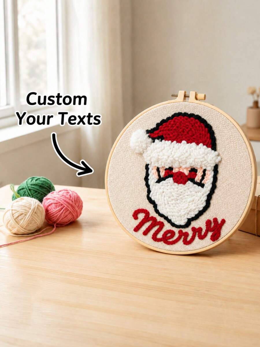 Customized Santa Claus Embroidery Hoop, DIY Punch Needle Embroidery Kit, Personalized Text Yarn Art, Handmade Holiday Crafts, Personalized Christmas Wall Decor, Holiday Room Decoration, Unique Gift, DIY Punch Needle Design - Multicolor - View 1