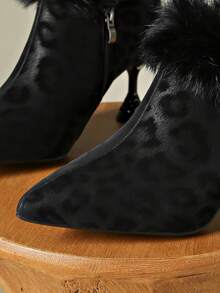 Vintage Leopard Print Faux Fur Trim Pointed Toe Short Boots, Women's Sculptural Heel Side Zipper Winter Fashion Sexy Rabbit Fur Ankle Boots, Suitable For Parties And Dates - Black - View 6