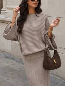Women's Knitted Long Sleeve Batwing Sleeve Crew Neck Regular Fit Top, Suitable For Autumn/Winter Wear, Medium Stretch Comfortable Ribbed Knit Design - Khaki - View 4