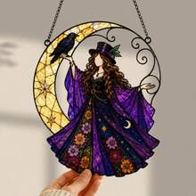 1pc Acrylic Sun Catcher Hanging Decor, Witch, Raven And Crescent Moon Design, Vibrant Mysterious Window Ornament, Gothic Nature Inspired Art - A - View 6
