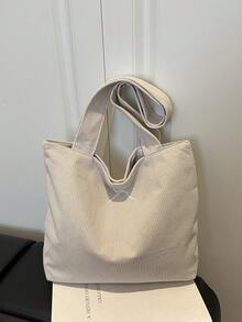 Women's Corduroy Solid Color Shoulder Tote Bag, Suitable For Daily Commute, Travel, Shopping - Beige - View 8