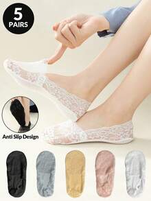 1/5/10 Pairs Lace Invisible Socks, Non-Slip Low-Cut Socks, Breathable Anti-Friction Cotton Socks For Women (Random Color) - Multicolor - View 2