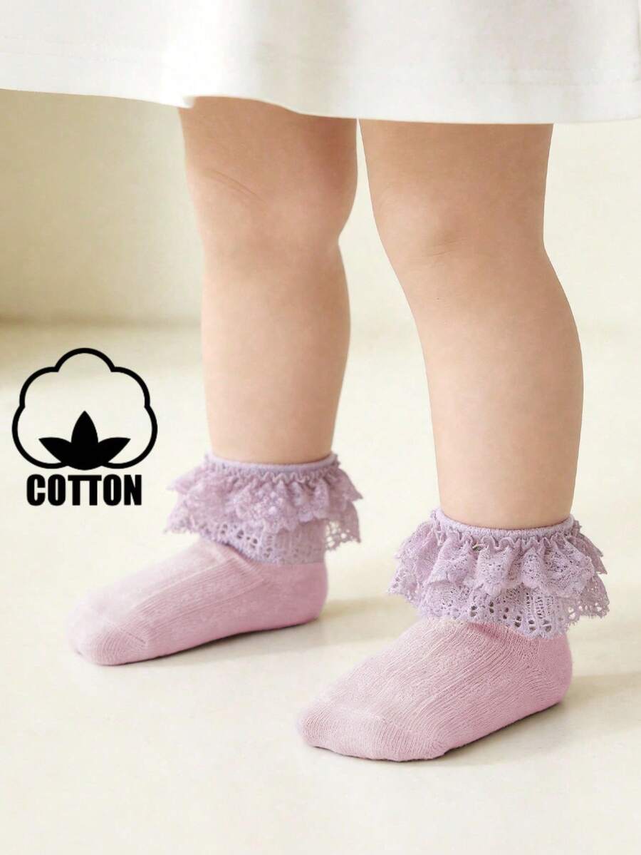 1 Pair Lace Hollow Out Bow Thin Soft Comfortable Breathable Cotton Princess Style Socks For Baby Girls - Purple - View 1