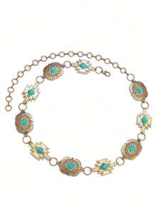 1 sợi dây xích đeo eo phong cách Bohemian cổ điển màu vàng giả cổ, chạm khắc hình học, đính đá giả ngọc lam, thiết kế dây nối điều chỉnh được, phù hợp với trang phục cao bồi miền Tây, dễ dàng tạo vẻ ngoài mang hơi hướng retro độc đáo - Dây thắt lưng - Xem 5