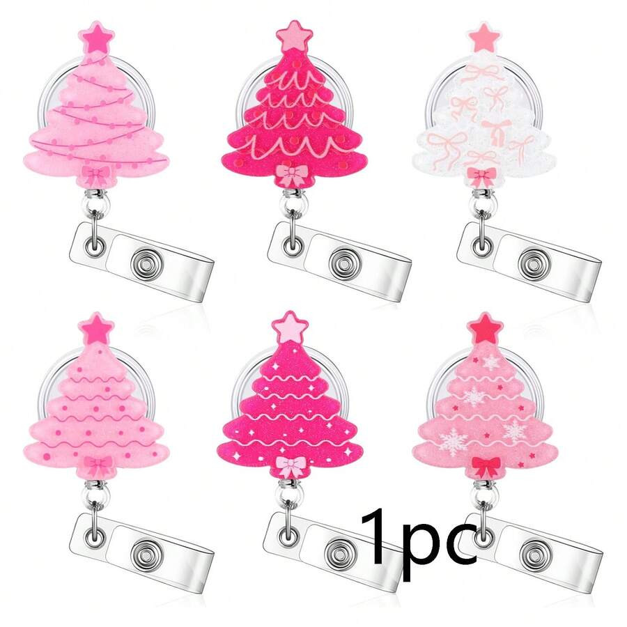 1pc Christmas Retractable Badge, Bow Christmas Tree Acrylic Badge Clip, Suitable For Nurses, Doctors, Teachers, Back To School Season, Christmas - A - View 1