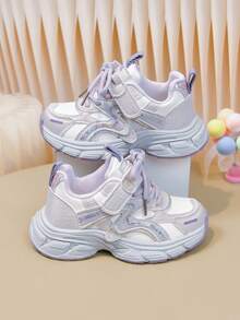 1 Pair Rhinestone Chunky Sneakers, Casual Sports Shoes, Running Shoes, White & Purple Color Block Fashion, Hook & Loop Easy On/Off, Thick Sole Non-Slip Casual Kids Shoes - White & Purple - View 3