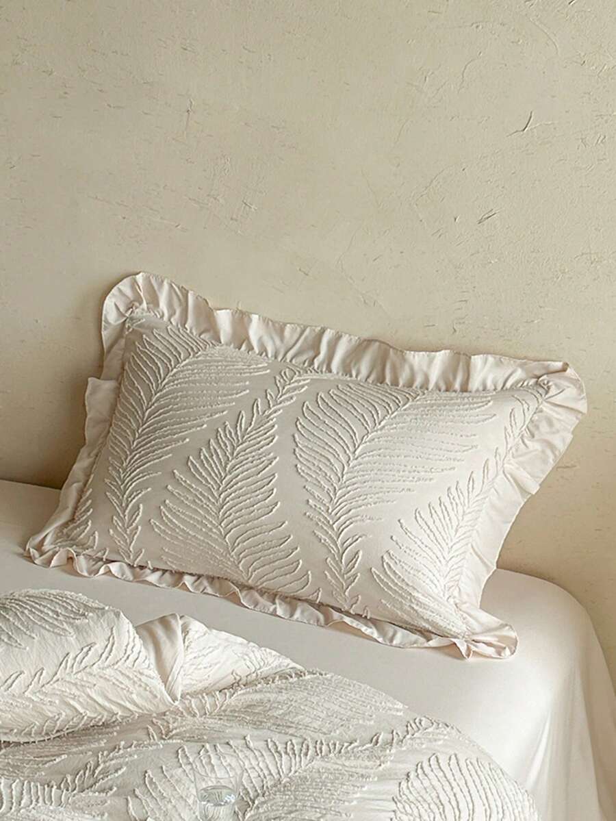 1pc Khaki Leaf Pattern Tufted Ruffle Edge Pillowcase, Pastoral Vintage Chic Polyester Decorative Cushion Cover, Suitable For All Seasons, Machine Washable, No Filling - Khaki - View 1