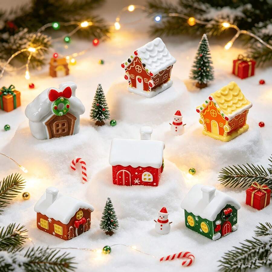6pcs/Set,Miniature Christmas House Model Decor,Mini Snow House Resin Accessories,Suitable For Desktop Potted Plants, Bottles,Home Decor,Party Decoration,As Gifts - Multicolor - View 1