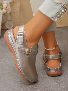 Women's Buckle Wedge Platform Sandals, Comfortable Lightweight Silver Gray Summer Sandals, Vacation Style, Daily Wear, Beach, Outdoor Activities - Silver Gray - View 5