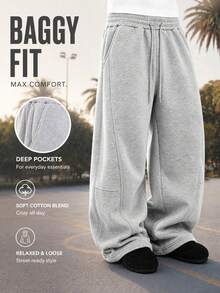 Men's Solid Color Drawstring Waist Pocket Casual Loose Sports Pants, Grey Outdoor Sweatpants, Lightweight Long Pants For Spring And Autumn - Light Grey - View 1