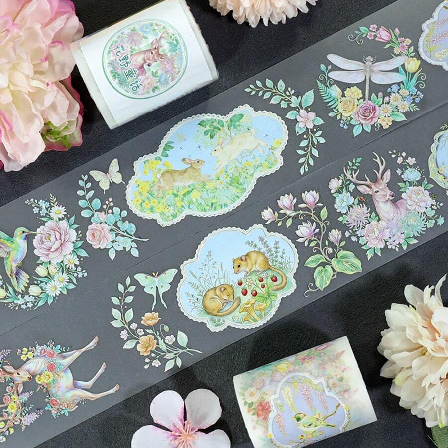 Loop100cm 2m/Roll Golden Foil Spring Countryside PET Tape Forest Wildlife Floral Decorative Tape For Sticker Scrapbooking Journal Card Making Stationery - 2M - View 1