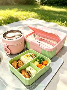 SEAL LOCK 2 Pieces Colorblock Divided Lunch Box And Sealed Soup Bowl Set With Built-In Spoon And Fork Utensils, Food And Soup Separation, Portable Bento Box For Office Workers, Students, Outdoor Picnic, Commuting, School, Multi-Scenario Use, Anti-Cross-Flavor - Multicolor - View 5