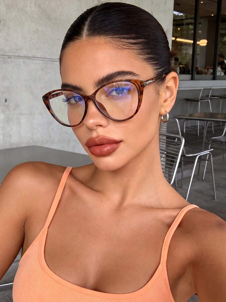1 Pair Women's Cat Eye Leopard Print High-End Versatile Transparent Clear Lens Glasses, Commuting, Back To School Essential - Color - View 1