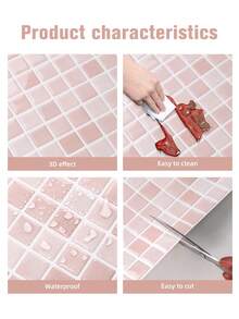 WoStick 10*10 Inch Pink Mosaic Grid Waterproof Vinyl Wallpaper, Self-Adhesive Removable Tile Sticker, Anti-Splash Textured Wall Panel For Kitchen, Bathroom, RV Home Decor Renovation - Cherry Blossom Pink Stone Texture - View 4