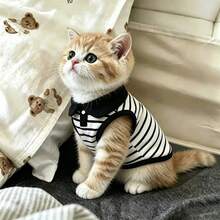 1PC Pet Striped Polo Shirt Cute, Casual, Comfortable, Breathable Cat/Dog Vest Pet Clothing - Black and White - View 7