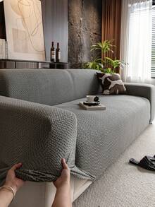 ZXZGM One-Piece Solid Color Jacquard High-Elasticity All-Purpose Sofa Cover, Modern Minimalist Style, Diagonal Woven Texture, Soft And Comfortable, Cat-Scratch-Resistant And Pet-Friendly, Non-Slip And Dustproof, Jacquard Texture Full-Coverage Design, All-Around Protection For Your Sofa, Suitable For All Seasons, Study, Bedroom, Living Room, And Outdoor L-Shaped Sofas (1-4 People). - Dark Grey - View 4