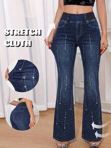 Celana Jeans Flare Wanita Pinggang Tinggi Elastis dengan Hiasan Bintang Rhinestone, Celana Jeans Flare Elastis Warna Gelap - Dark Wash - View 1