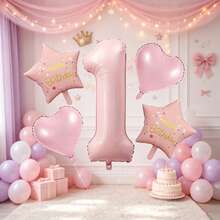 5pcs Set 40 Inch Blue Number 1, 18 Inch Blue Heart And Blue Happy Birthday Printed Star Foil Balloons For 1st Birthday Party Decoration - Pink - View 4