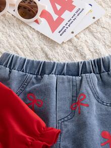 Autumn/Winter Baby Girl Cute Bright Red Flutter Sleeve Big Bow Top With T-Print Small Red Bow Frayed Hem Denim Jeans, Stylish Versatile Outfit Set - Red - View 7