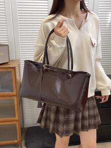 1 buah Tas Tote Patchwork PU Warna Solid Kapasitas Besar Warna Cokelat Kopi untuk Wanita - Coffee Brown - View 5