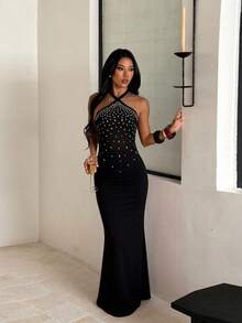 Women's Rhinestone Decorated Backless Halter Neck Evening Dress For Autumn Party, Gathering, Ball - Black - View 5