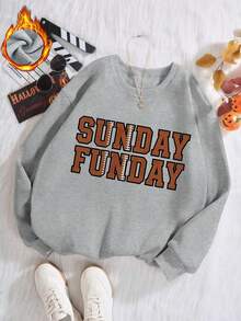 秋冬女款「SUNDAY FUNDAY」圖案印花韓系 Y2K 大圓領街頭通勤運動衫 - 灰色 - 查看 3