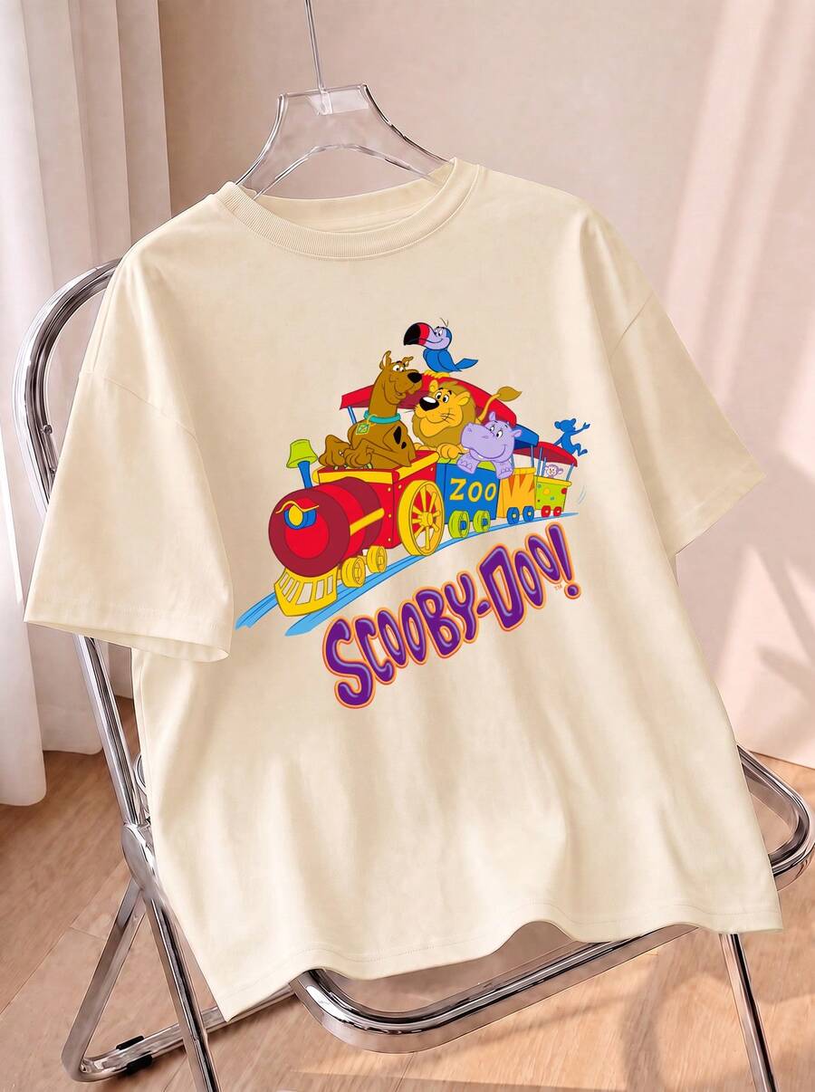 Whysmera SHEIN X SCOOBY-DOO Oversize Short Sleeve T-Shirt, Fun Cartoon Dog & Animal Train Combo Print, American Retro Playful Style - Apricot - View 1