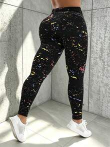 Women's Plus Size Black Leggings, Elastic Slim Fit Pants, Colorful Splatter Print, Butt Lifting & Tummy Control, Autumn/Winter Vacation Style - Multicolor - View 3