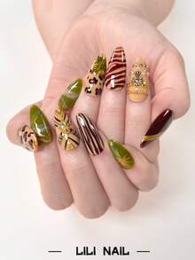 10pcs Handmade Press-On Nails, Almond Shape, Leopard Print, Green, Red, Hand-Painted, Powder, Rhinestone, Cute Nail Art, Nail Tips, Reusable Nail Set With Nail Tools, Suitable For Daily Commute, Party And Office - Multicolor - View 4