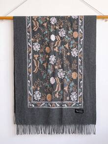 1件女款秋冬仿羊絨刺繡圍巾，加厚保暖披肩斗篷，附流蘇，波希米亞風旅行披肩 - 灰色 - 查看 2