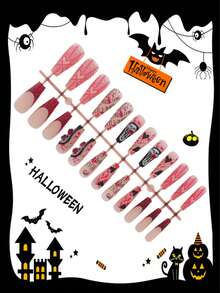 24 Peças Unhas Postiças Quadradas Longas de Halloween com Manchas de Sangue, Teia de Aranha, Coração, Letra, Decoração de Caveira 3D, Estilo Doce e Legal Escuro, Adequado para Uso Diário de Meninas e Mulheres, Festa de Feriado, Cosplay, Tema de Halloween - Multicolorido - Visão 2