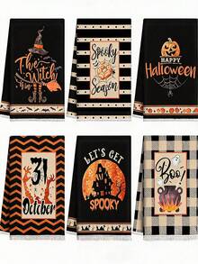 4/6/12 Pcs Halloween Pumpkin Gothic Kitchen Towels, Spooky Skeleton Dish Hand Towels Pumpkin Bat Kitchen Dish Towels For Halloween Bathroom Decor - Black - View 8